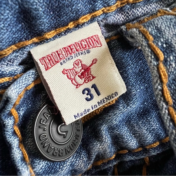 True Religion Big T Straight Flap Red Orange Stitch Distressed Denim Blue Jeans - Picture 9 of 16